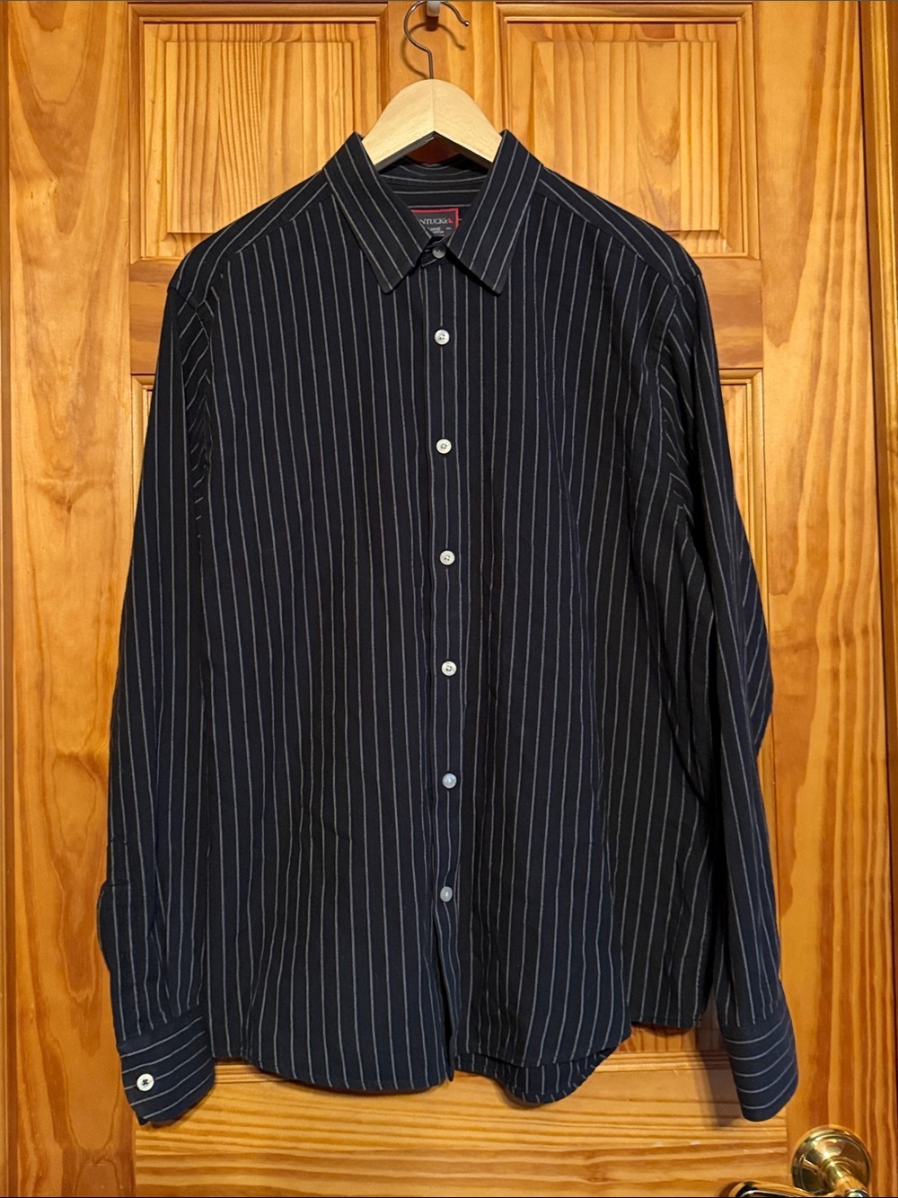 UNTUCKit Men's Black Shirt with White Pinstripes